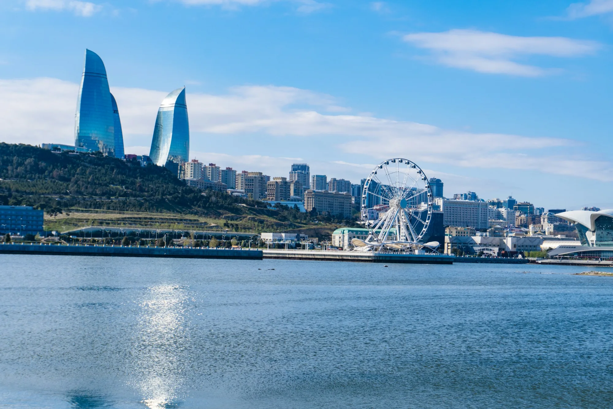 The Baku skyline with the Flame Towers on the Caspian, Azerbaijan