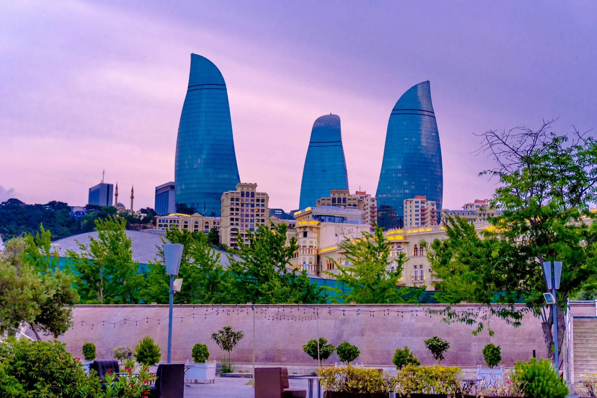 The Flame Towers standing against the Baku skyline, Azerbaijan