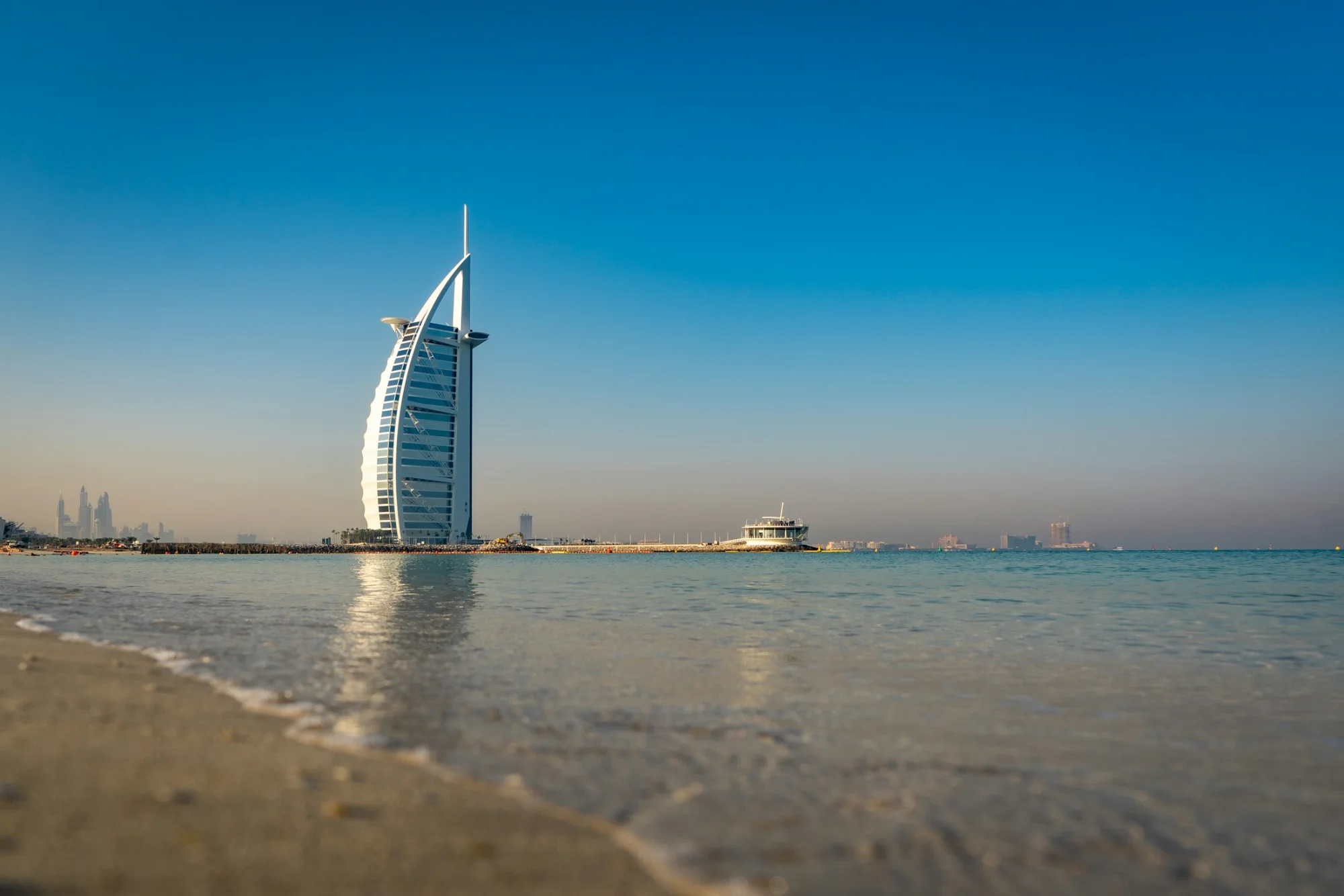The sail-shaped Burj Al Arab hotel on the Dubai coast