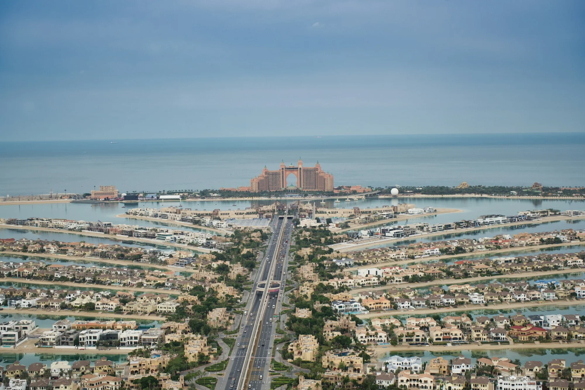 Aerial view of the Palm Jumeirah and Dubai coast
