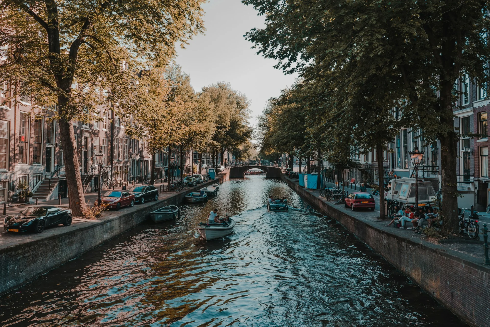 Canal houses along the water in Amsterdam, Netherlands