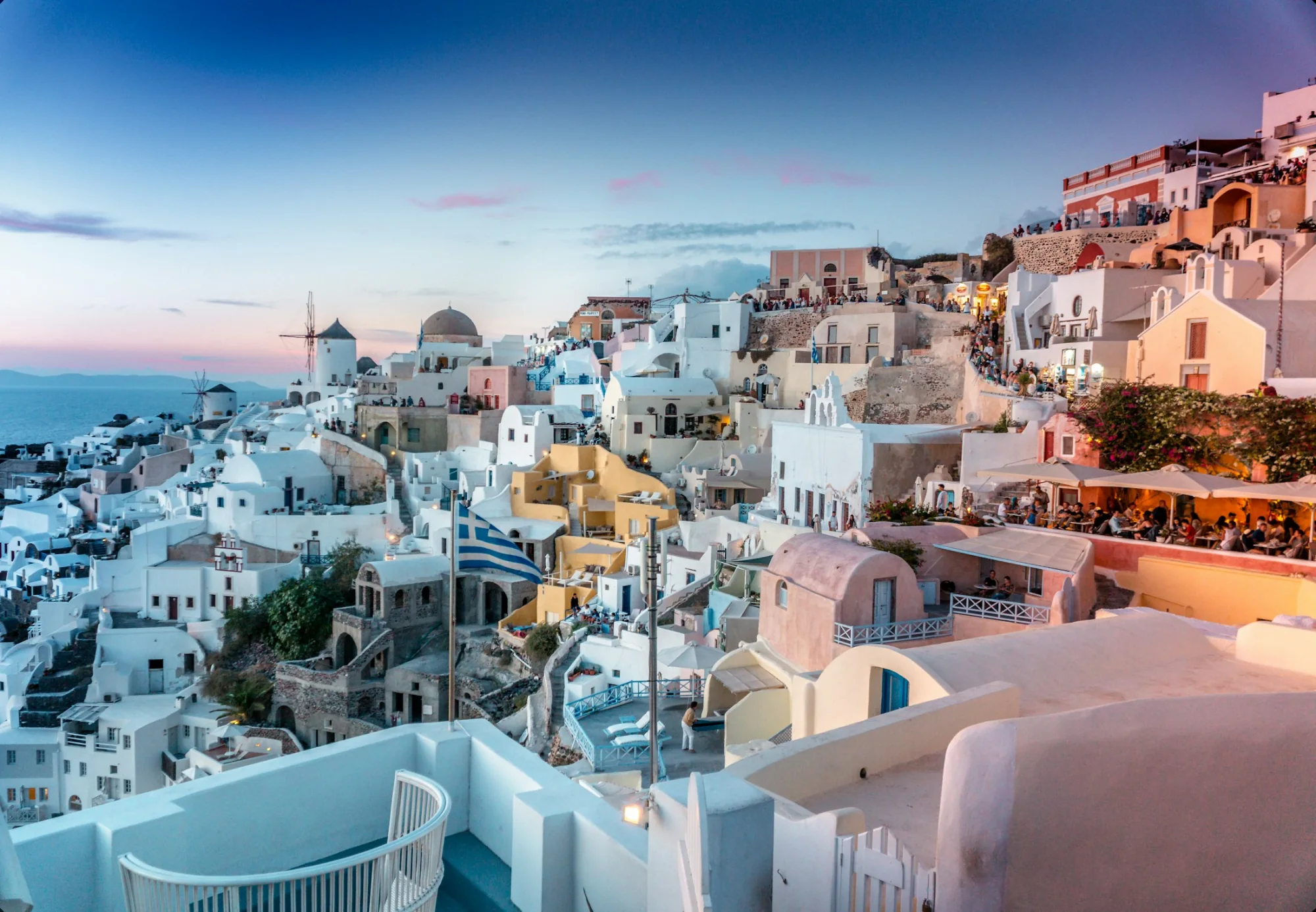 The whitewashed clifftop town of Santorini, Greece