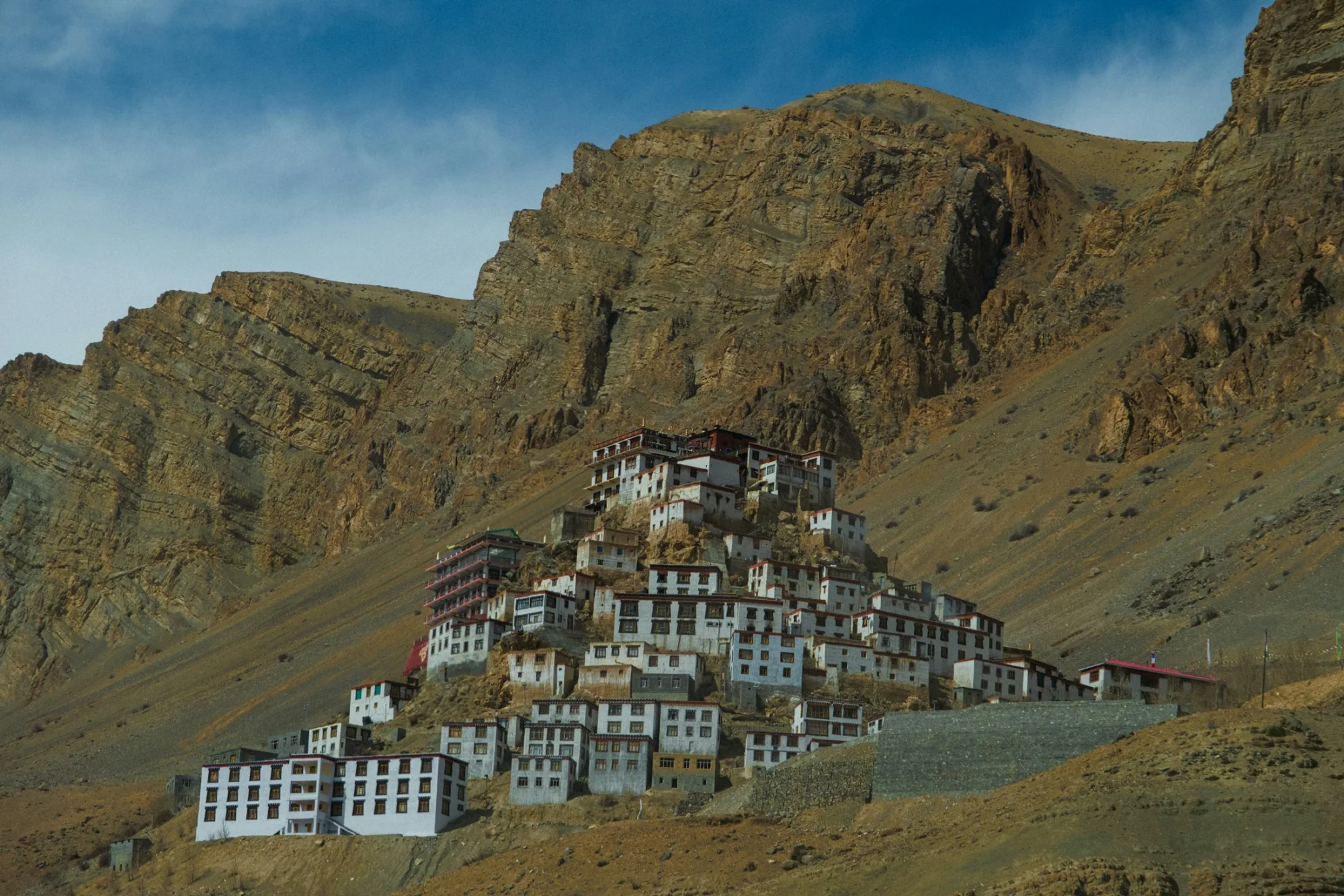 A Buddhist monastery on a rocky mountainside in the Spiti Valley, Himachal Pradesh