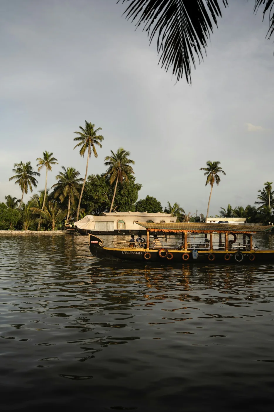 A Kerala houseboat cruising Vembanad Lake among the palms