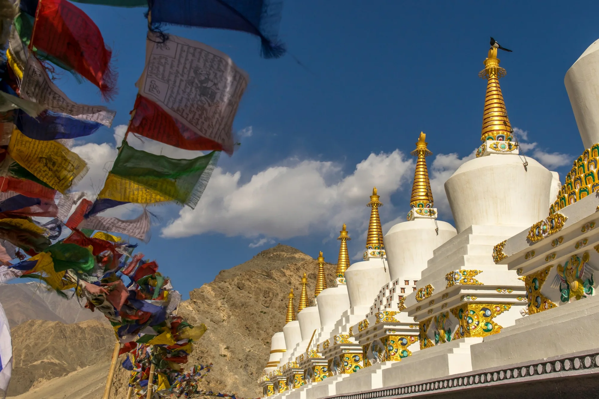 A white Buddhist stupa with prayer flags under blue Ladakh skies