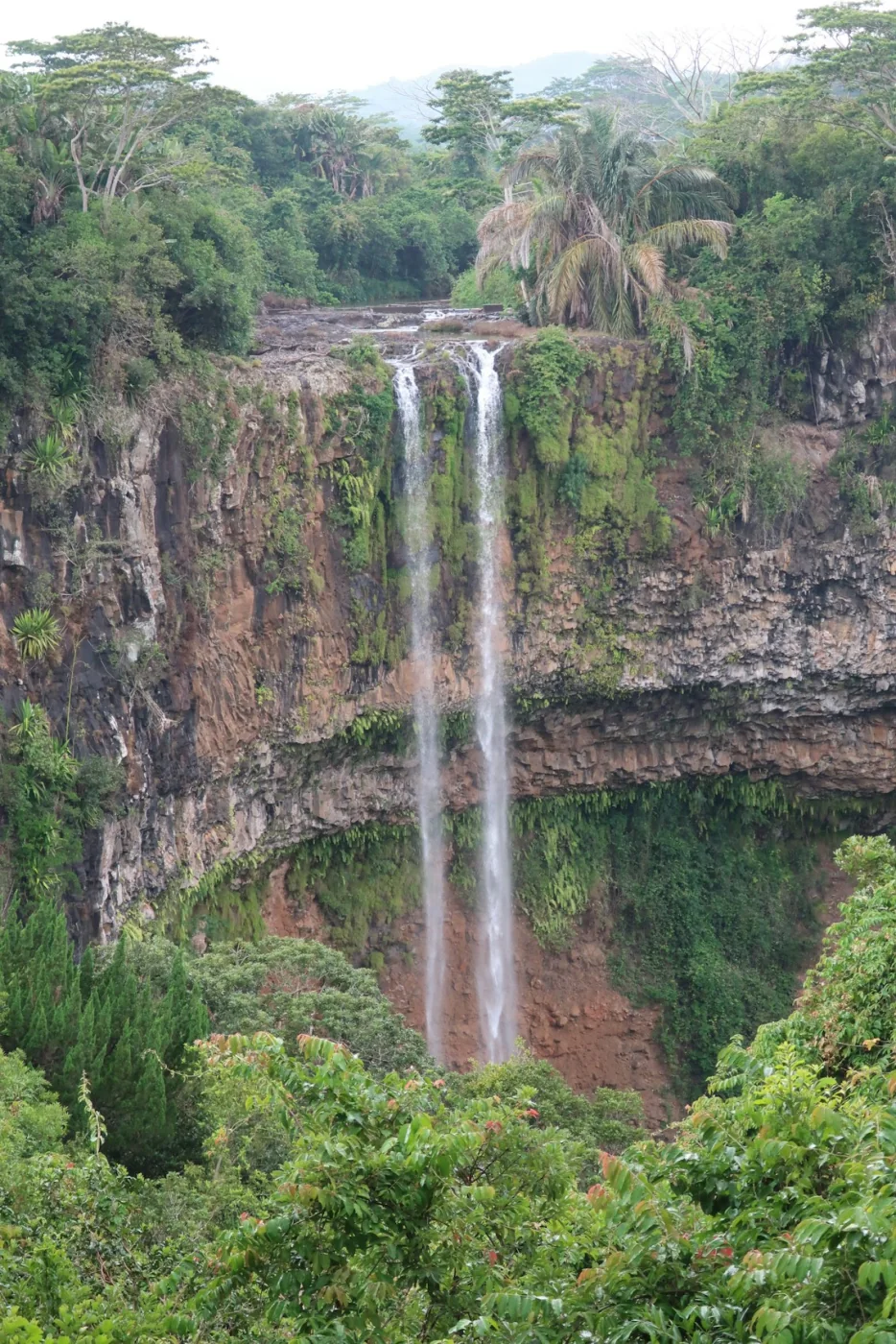 A tall waterfall plunging through green forest in Mauritius