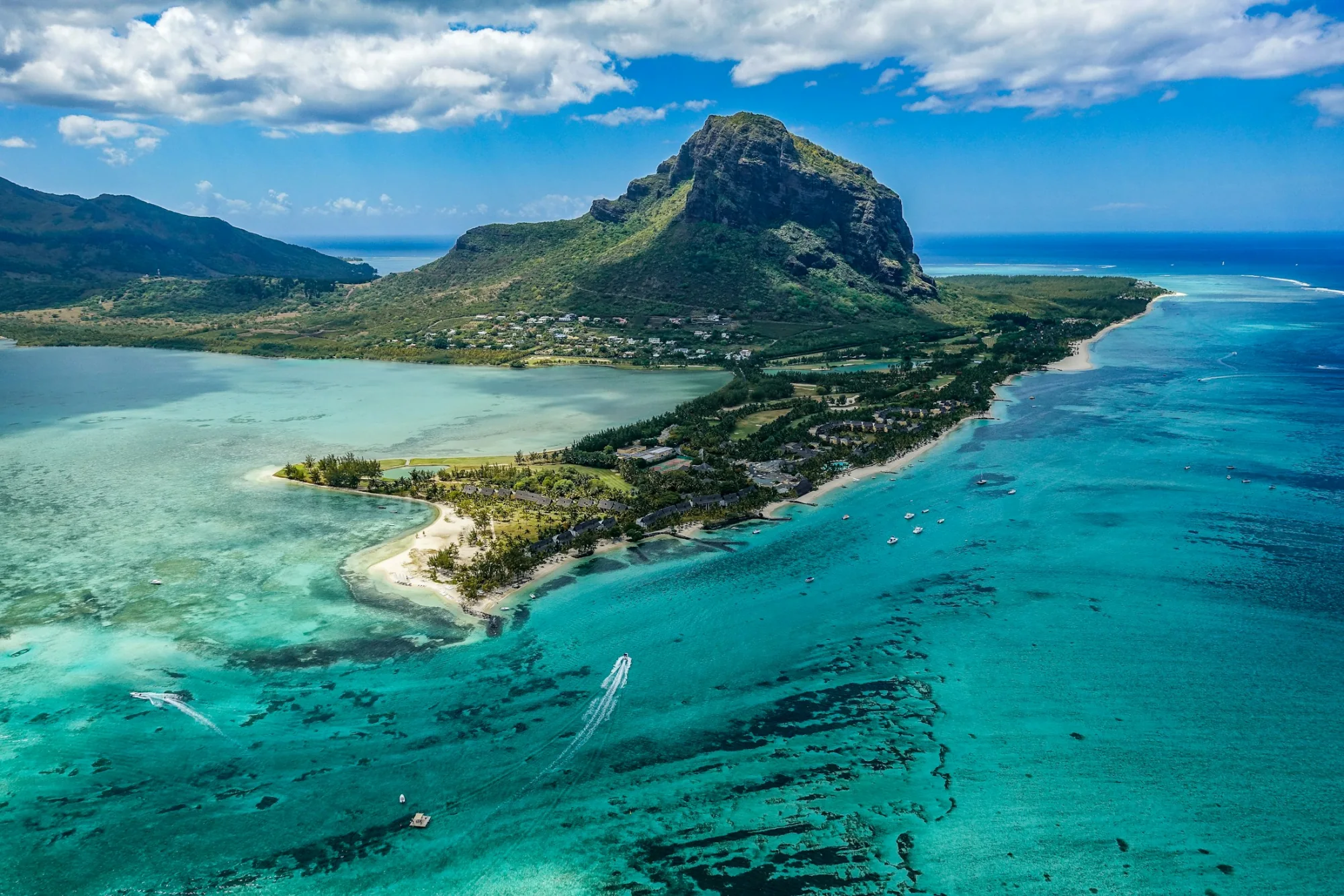 Aerial view of the Le Morne peninsula and reef in Mauritius