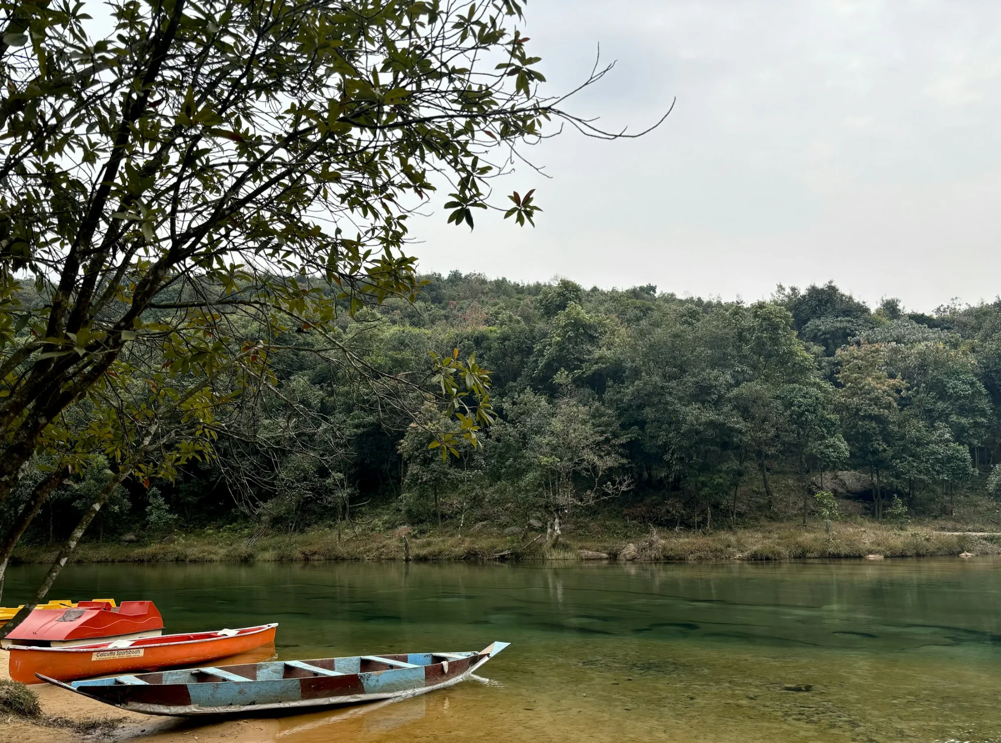 Boats on the crystal-clear Umngot River at Dawki, Meghalaya