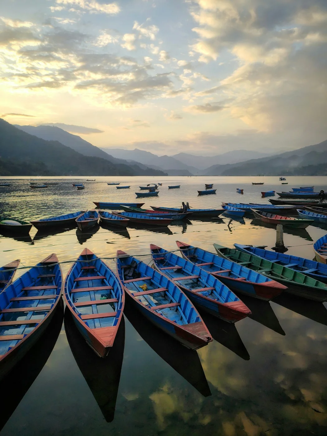 Wooden boats on Phewa Lake at Pokhara, Nepal