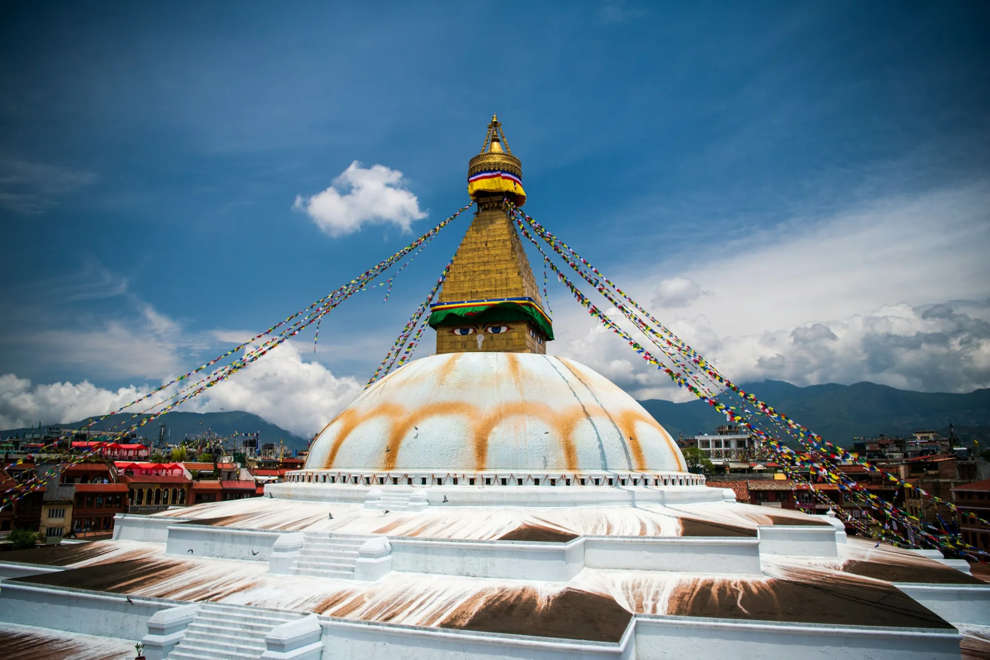 The great dome and watching eyes of Boudhanath Stupa in Kathmandu, Nepal