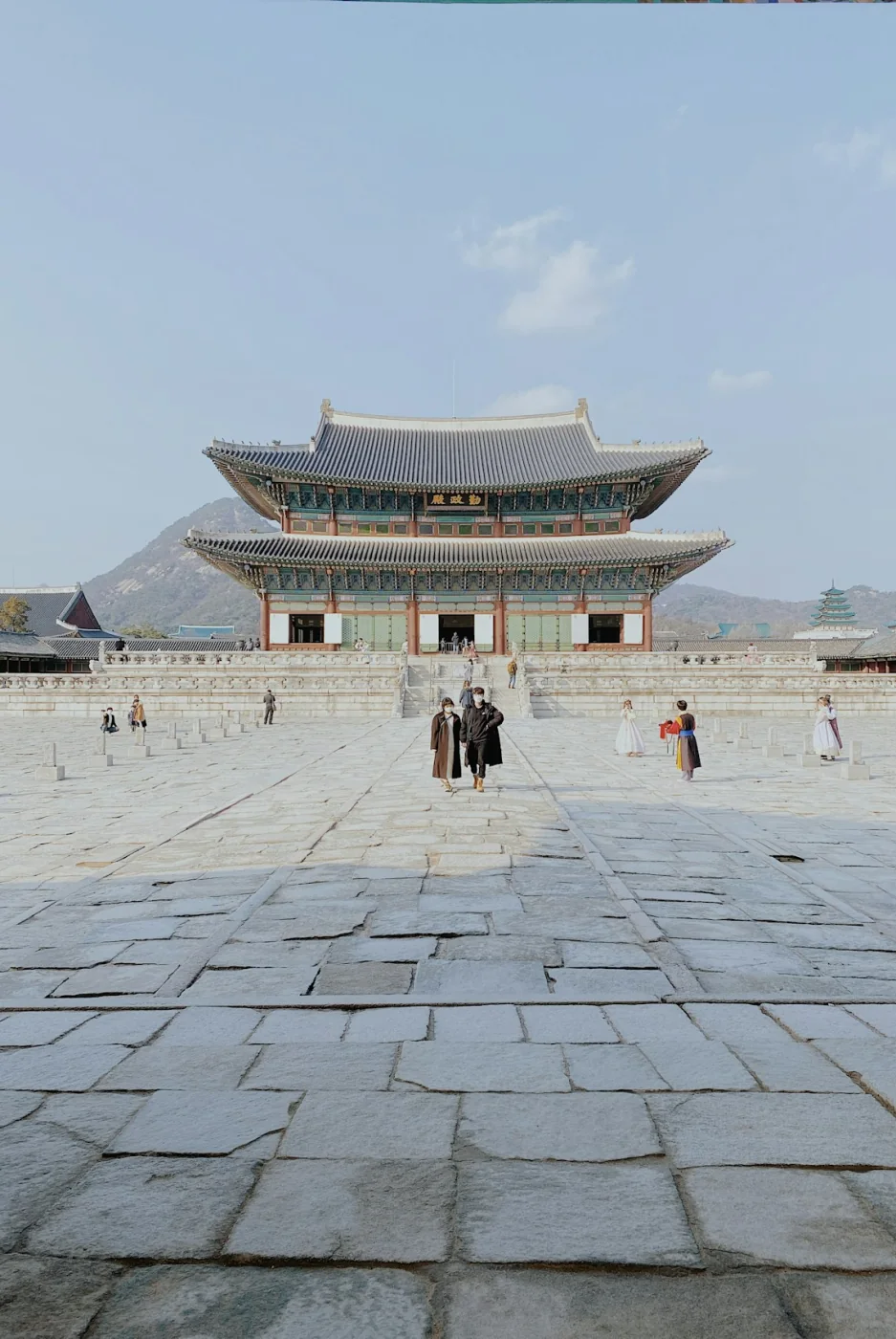 Visitors in hanbok at a palace gate in Seoul, South Korea