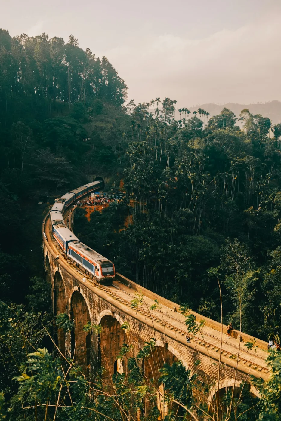 A train crossing the Nine Arch Bridge through green forest at Ella, Sri Lanka