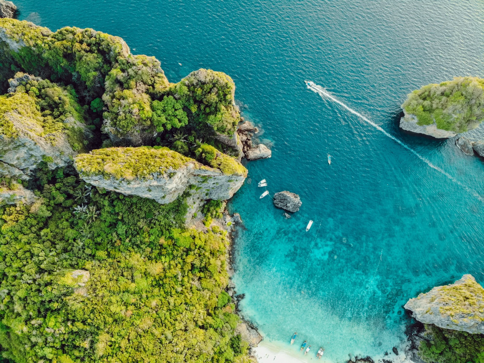 Aerial view of the green limestone islands of Phi Phi, Thailand