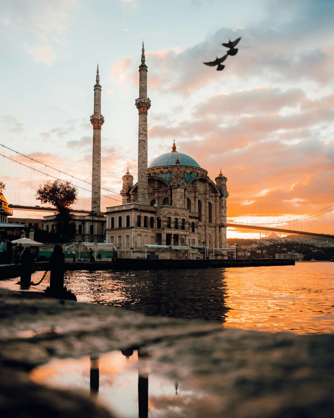 The Ortakoy Mosque by the water at sunset in Istanbul, Turkey