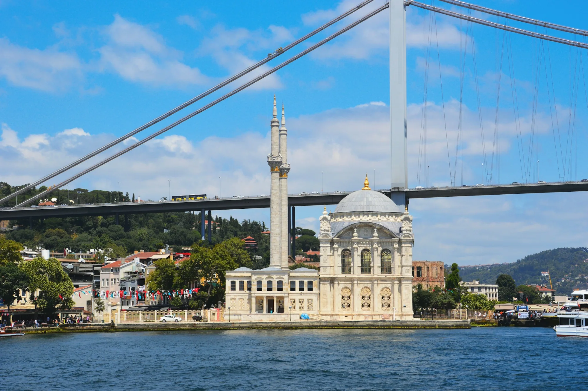 A mosque and bridge on the Bosphorus in Istanbul, Turkey