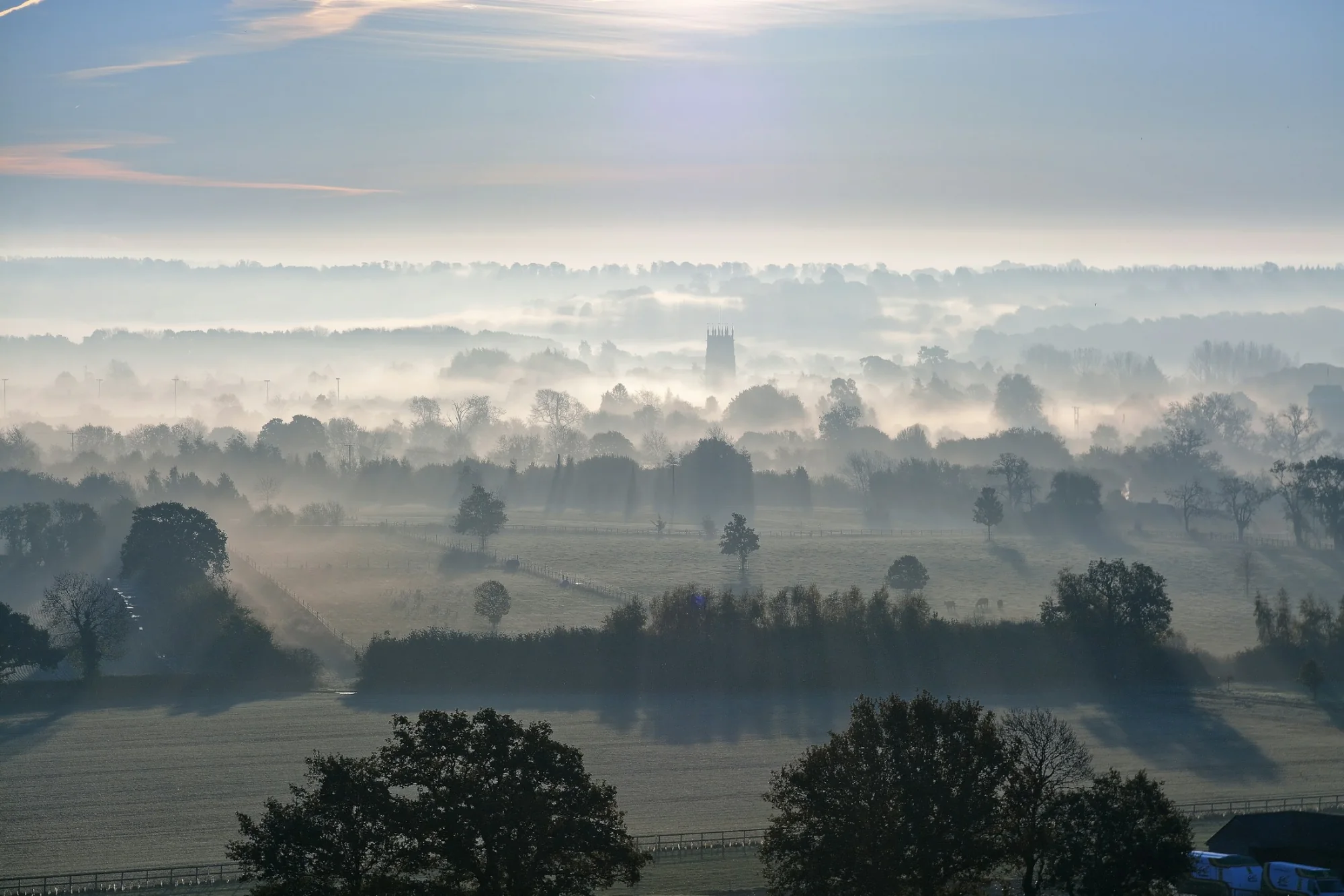A foggy morning in the English countryside
