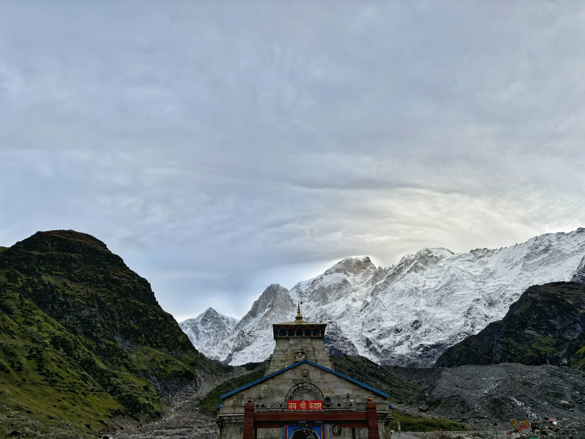 The Kedarnath temple set amid the high Himalayan peaks of Uttarakhand