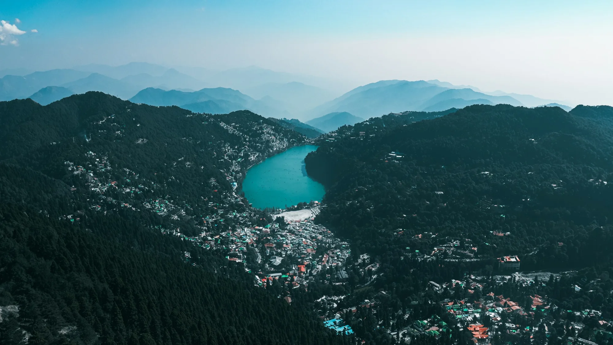 Aerial view of the hill town and lake of Nainital, Uttarakhand